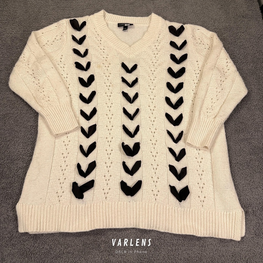 Lane Bryant Sweater Womens Plus 18/20 White V-Neck‎ Pointelle Ribbon Pullover